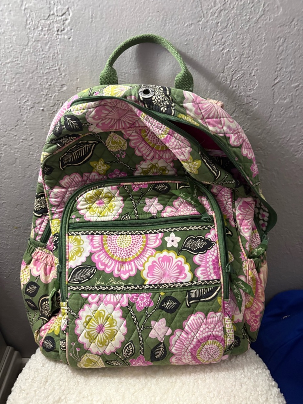 Vera Bradley Green Floral Quilted Daypack with Pink Accents